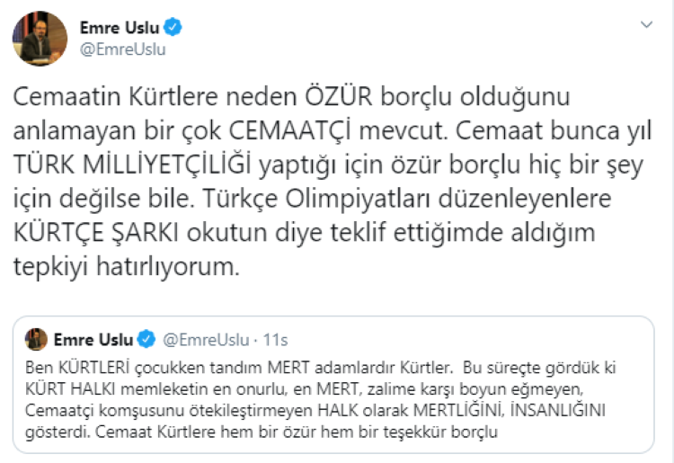 FETÖ firarisi Emre Uslu: Kürtler mertliğini gösterdi, Cemaat Kürtlerden özür dilemeli"